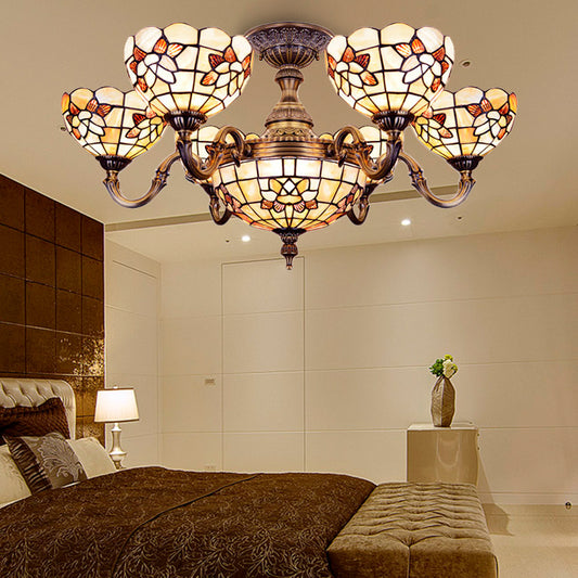 Shell Bell Shade Chandelier Tiffany Exquisite Pendant Light in Beige for Villa Beige Dome Clearhalo 'Ceiling Lights' 'Chandeliers' 'Close To Ceiling Lights' 'Close to ceiling' 'Semi-flushmount' 'Tiffany close to ceiling' 'Tiffany' Lighting' 184331