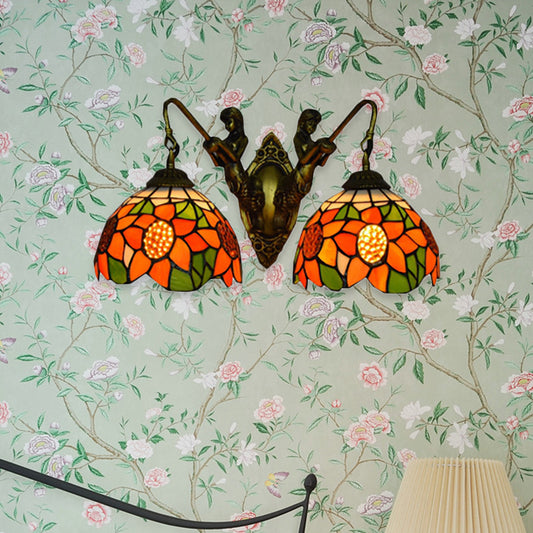 Sunflower Wall Mounted Lamp Tiffany Orange Glass 2 Heads Bedroom Sconce Light in Bronze Clearhalo 'Industrial' 'Middle century wall lights' 'Tiffany wall lights' 'Tiffany' 'Wall Lamps & Sconces' 'Wall Lights' Lighting' 184335