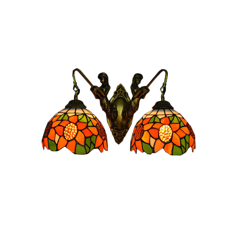 Sunflower Wall Mounted Lamp Tiffany Orange Glass 2 Heads Bedroom Sconce Light in Bronze Clearhalo 'Industrial' 'Middle century wall lights' 'Tiffany wall lights' 'Tiffany' 'Wall Lamps & Sconces' 'Wall Lights' Lighting' 184336