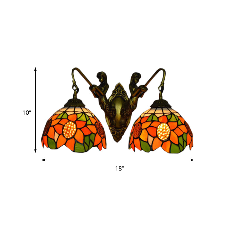 Sunflower Wall Mounted Lamp Tiffany Orange Glass 2 Heads Bedroom Sconce Light in Bronze Clearhalo 'Industrial' 'Middle century wall lights' 'Tiffany wall lights' 'Tiffany' 'Wall Lamps & Sconces' 'Wall Lights' Lighting' 184337