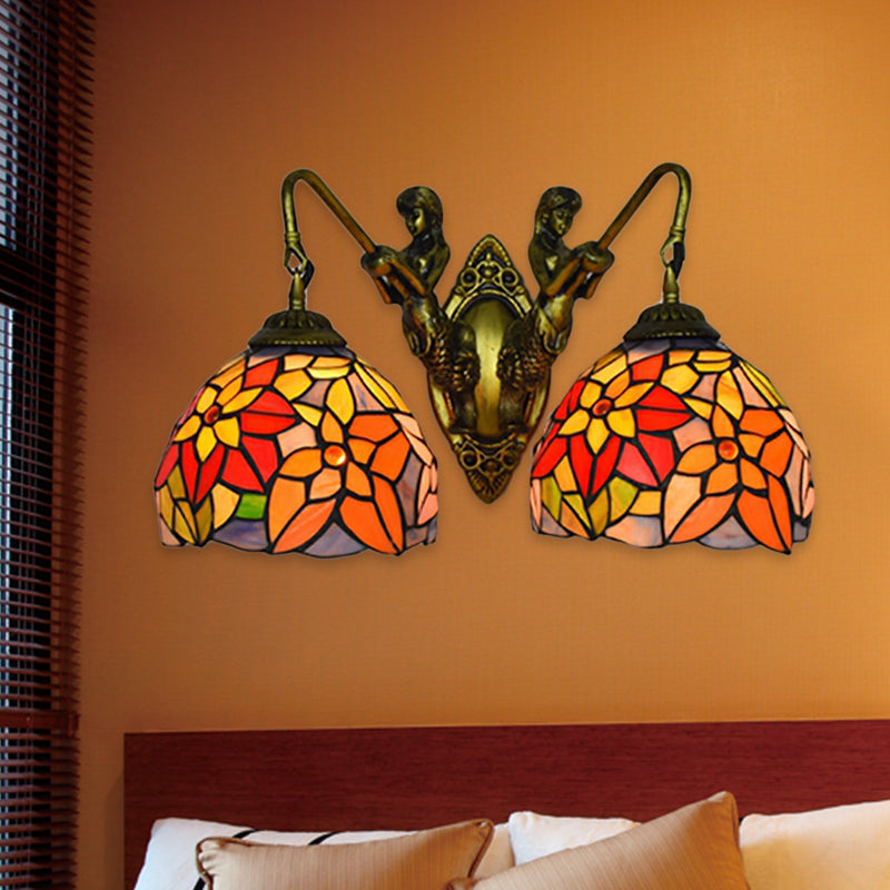 Orange Glass Floral Wall Mount Lighting Baroque 2 Heads Sconce Light with Mermaid Backplate Orange Clearhalo 'Industrial' 'Middle century wall lights' 'Tiffany wall lights' 'Tiffany' 'Wall Lamps & Sconces' 'Wall Lights' Lighting' 184344