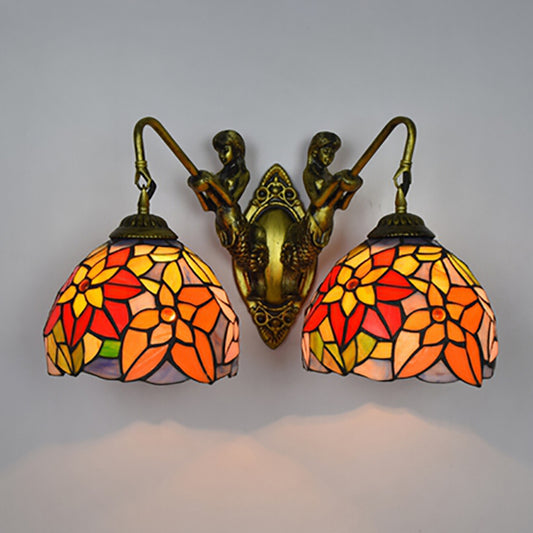 Orange Glass Floral Wall Mount Lighting Baroque 2 Heads Sconce Light with Mermaid Backplate Clearhalo 'Industrial' 'Middle century wall lights' 'Tiffany wall lights' 'Tiffany' 'Wall Lamps & Sconces' 'Wall Lights' Lighting' 184345
