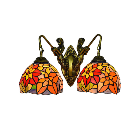 Orange Glass Floral Wall Mount Lighting Baroque 2 Heads Sconce Light with Mermaid Backplate Clearhalo 'Industrial' 'Middle century wall lights' 'Tiffany wall lights' 'Tiffany' 'Wall Lamps & Sconces' 'Wall Lights' Lighting' 184346