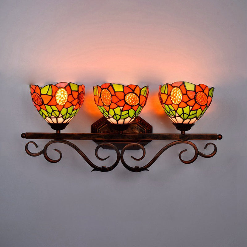3 Heads Bowl Wall Light Fixture Baroque Orange Stained Glass Sconce Light with Sunflower Pattern Orange Clearhalo 'Industrial' 'Middle century wall lights' 'Tiffany wall lights' 'Tiffany' 'Wall Lamps & Sconces' 'Wall Lights' Lighting' 184358