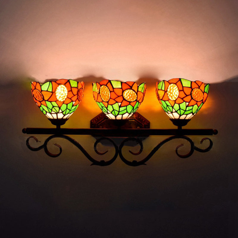 3 Heads Bowl Wall Light Fixture Baroque Orange Stained Glass Sconce Light with Sunflower Pattern Clearhalo 'Industrial' 'Middle century wall lights' 'Tiffany wall lights' 'Tiffany' 'Wall Lamps & Sconces' 'Wall Lights' Lighting' 184359