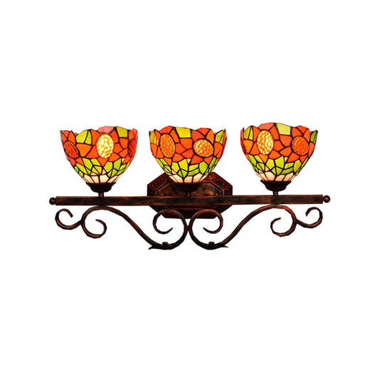 3 Heads Bowl Wall Light Fixture Baroque Orange Stained Glass Sconce Light with Sunflower Pattern Clearhalo 'Industrial' 'Middle century wall lights' 'Tiffany wall lights' 'Tiffany' 'Wall Lamps & Sconces' 'Wall Lights' Lighting' 184360