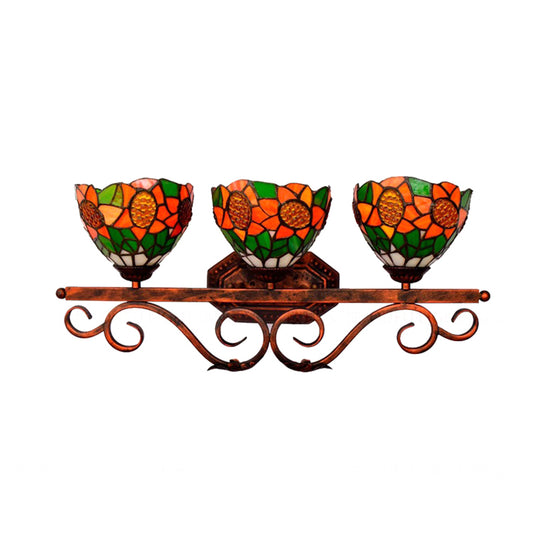 3 Heads Bowl Wall Light Fixture Baroque Orange Stained Glass Sconce Light with Sunflower Pattern Clearhalo 'Industrial' 'Middle century wall lights' 'Tiffany wall lights' 'Tiffany' 'Wall Lamps & Sconces' 'Wall Lights' Lighting' 184361