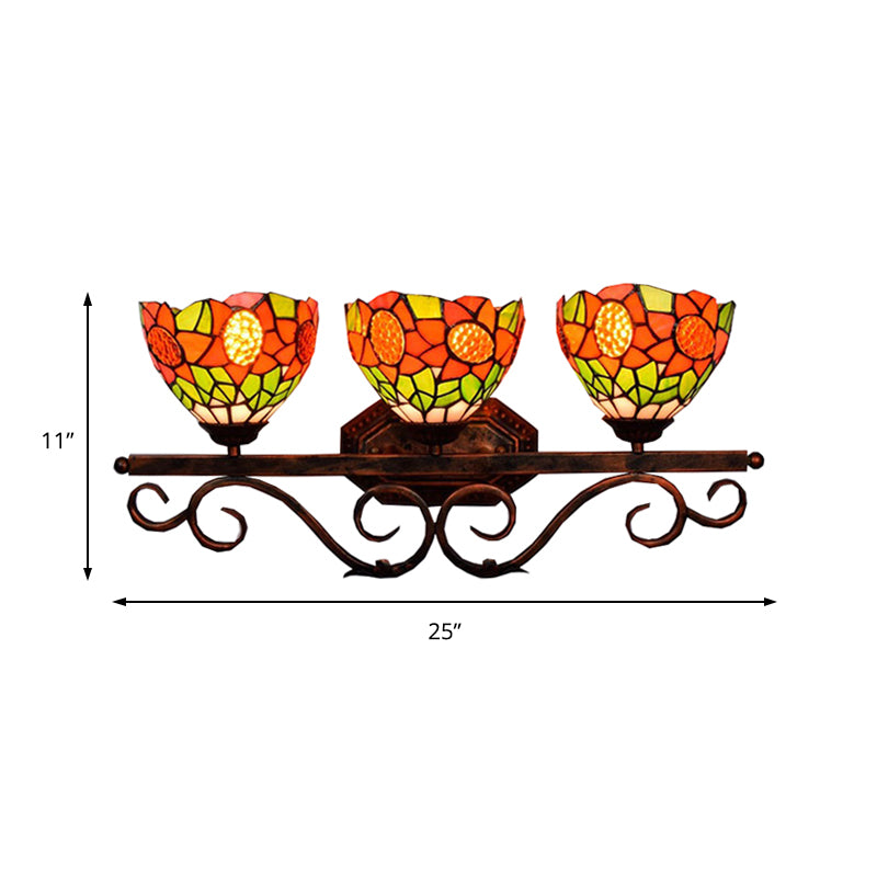 3 Heads Bowl Wall Light Fixture Baroque Orange Stained Glass Sconce Light with Sunflower Pattern Clearhalo 'Industrial' 'Middle century wall lights' 'Tiffany wall lights' 'Tiffany' 'Wall Lamps & Sconces' 'Wall Lights' Lighting' 184362