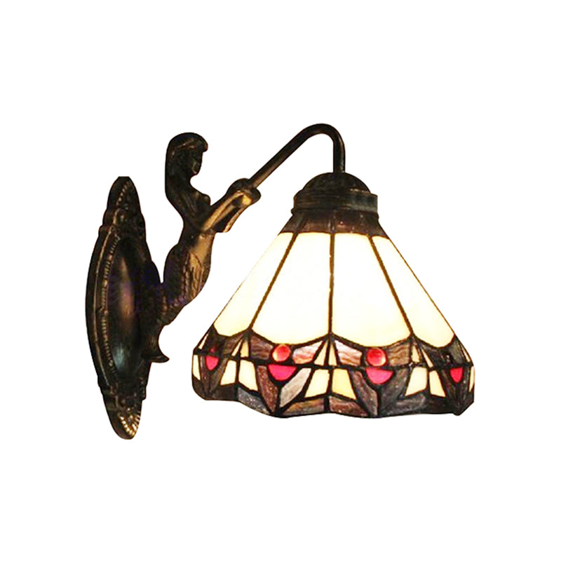 Beige Glass Cone Wall Mounted Light Tiffany 1 Head Antique Bronze Sconce Light for Hallway Clearhalo 'Industrial' 'Middle century wall lights' 'Tiffany wall lights' 'Tiffany' 'Wall Lamps & Sconces' 'Wall Lights' Lighting' 184379