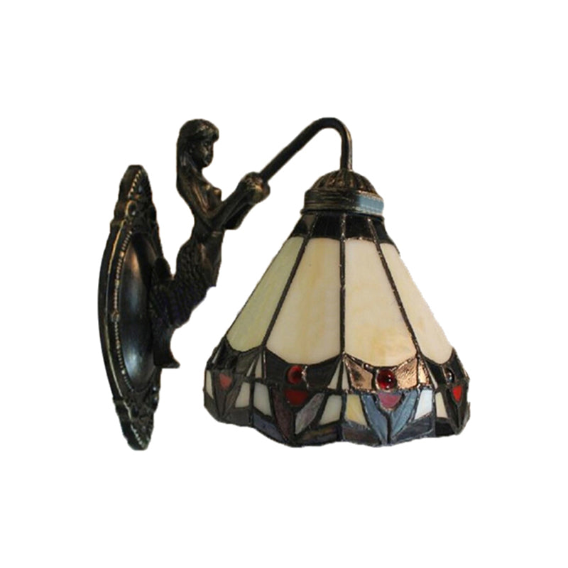 Beige Glass Cone Wall Mounted Light Tiffany 1 Head Antique Bronze Sconce Light for Hallway Clearhalo 'Industrial' 'Middle century wall lights' 'Tiffany wall lights' 'Tiffany' 'Wall Lamps & Sconces' 'Wall Lights' Lighting' 184380