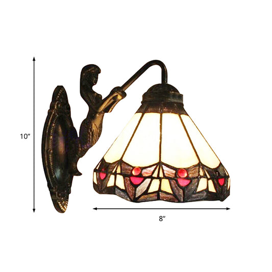 Beige Glass Cone Wall Mounted Light Tiffany 1 Head Antique Bronze Sconce Light for Hallway Clearhalo 'Industrial' 'Middle century wall lights' 'Tiffany wall lights' 'Tiffany' 'Wall Lamps & Sconces' 'Wall Lights' Lighting' 184381