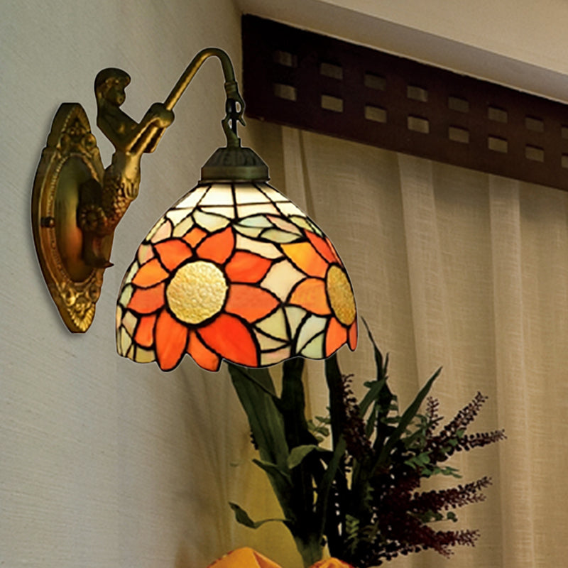 1 Head Hallway Wall Mounted Light Tiffany Orange Sconce Light whit Sunflower Stained Glass Shade Orange Clearhalo 'Industrial' 'Middle century wall lights' 'Tiffany wall lights' 'Tiffany' 'Wall Lamps & Sconces' 'Wall Lights' Lighting' 184393