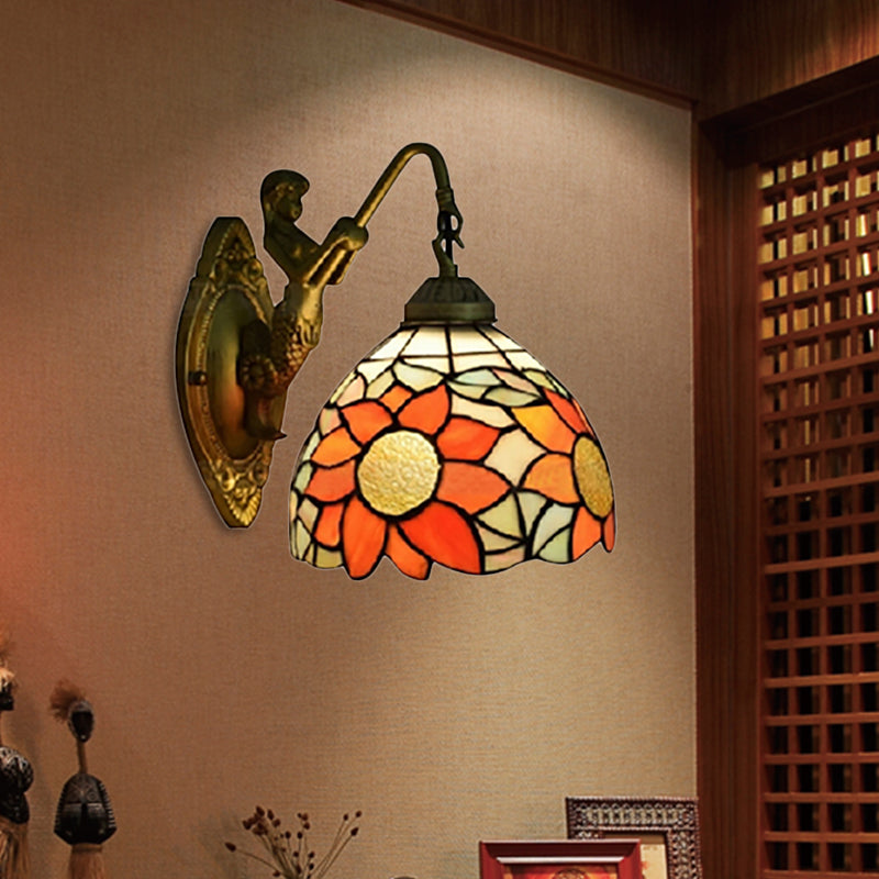 1 Head Hallway Wall Mounted Light Tiffany Orange Sconce Light whit Sunflower Stained Glass Shade Clearhalo 'Industrial' 'Middle century wall lights' 'Tiffany wall lights' 'Tiffany' 'Wall Lamps & Sconces' 'Wall Lights' Lighting' 184394