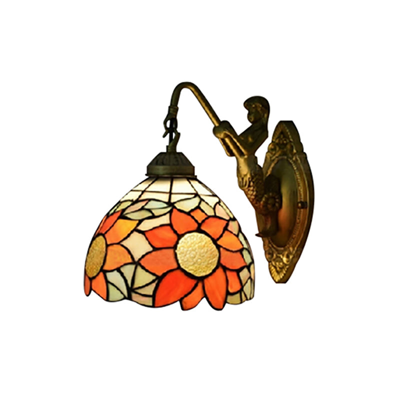 1 Head Hallway Wall Mounted Light Tiffany Orange Sconce Light whit Sunflower Stained Glass Shade Clearhalo 'Industrial' 'Middle century wall lights' 'Tiffany wall lights' 'Tiffany' 'Wall Lamps & Sconces' 'Wall Lights' Lighting' 184395