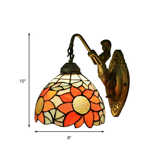 1 Head Hallway Wall Mounted Light Tiffany Orange Sconce Light whit Sunflower Stained Glass Shade Clearhalo 'Industrial' 'Middle century wall lights' 'Tiffany wall lights' 'Tiffany' 'Wall Lamps & Sconces' 'Wall Lights' Lighting' 184396