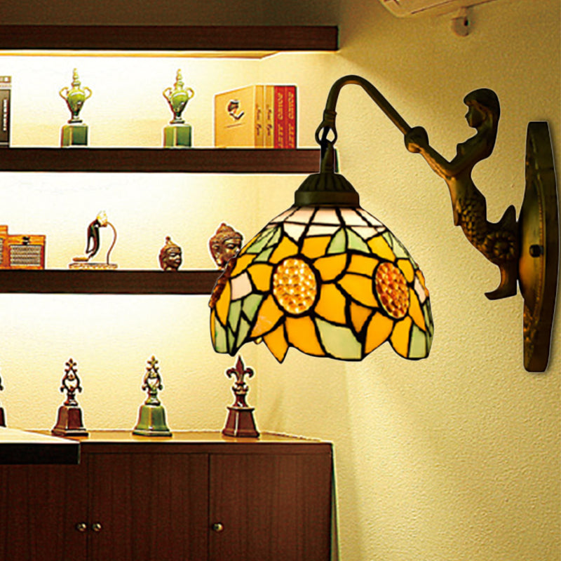 Sunflower Yellow Glass Sconce Light Tiffany 1 Head Bronze Wall Mounted Light with Mermaid Decoration Yellow Clearhalo 'Industrial' 'Middle century wall lights' 'Tiffany wall lights' 'Tiffany' 'Wall Lamps & Sconces' 'Wall Lights' Lighting' 184397
