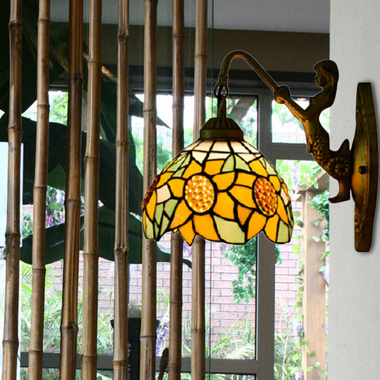 Sunflower Yellow Glass Sconce Light Tiffany 1 Head Bronze Wall Mounted Light with Mermaid Decoration Clearhalo 'Industrial' 'Middle century wall lights' 'Tiffany wall lights' 'Tiffany' 'Wall Lamps & Sconces' 'Wall Lights' Lighting' 184398