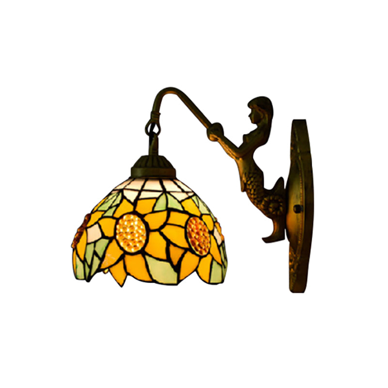 Sunflower Yellow Glass Sconce Light Tiffany 1 Head Bronze Wall Mounted Light with Mermaid Decoration Clearhalo 'Industrial' 'Middle century wall lights' 'Tiffany wall lights' 'Tiffany' 'Wall Lamps & Sconces' 'Wall Lights' Lighting' 184399