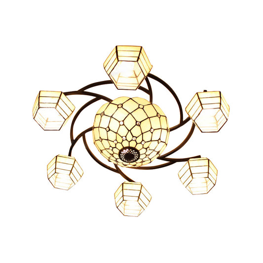 Vintage Art Ceiling Light Fixture Stained Glass 7 Heads Flush Mount Ceiling Light in White for Bedroom Clearhalo 'Ceiling Lights' 'Close To Ceiling Lights' 'Close to ceiling' 'Glass shade' 'Glass' 'Pendant Lights' 'Semi-flushmount' 'Tiffany close to ceiling' 'Tiffany' Lighting' 184413