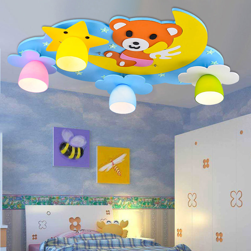 Cartoon Night View Ceiling Light with Toy Bear Wood 4 Lights Flushmount Light for Game Room Clearhalo 'Ceiling Lights' 'Close To Ceiling Lights' 'Close to ceiling' 'Flush mount' Lighting' 184416