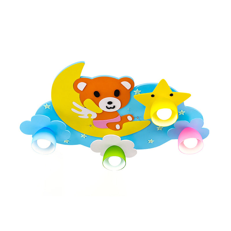 Cartoon Night View Ceiling Light with Toy Bear Wood 4 Lights Flushmount Light for Game Room Clearhalo 'Ceiling Lights' 'Close To Ceiling Lights' 'Close to ceiling' 'Flush mount' Lighting' 184417