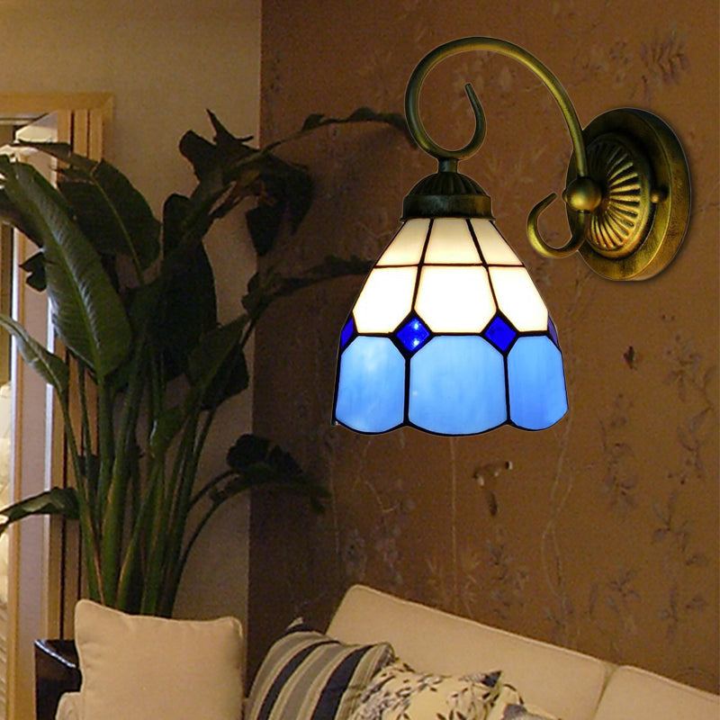 1 Head Bowl Wall Light Fixture Tiffany Orange/Blue/Pink Glass Sconce Light with Curved Arm for Corridor Blue Clearhalo 'Industrial' 'Middle century wall lights' 'Tiffany wall lights' 'Tiffany' 'Wall Lamps & Sconces' 'Wall Lights' Lighting' 184433