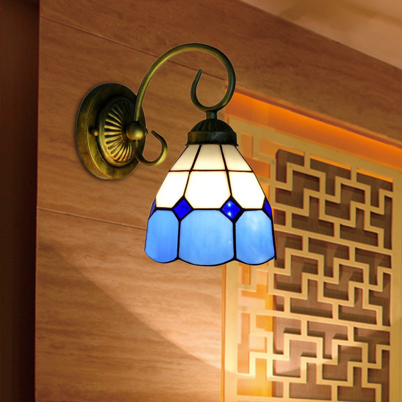 1 Head Bowl Wall Light Fixture Tiffany Orange/Blue/Pink Glass Sconce Light with Curved Arm for Corridor Clearhalo 'Industrial' 'Middle century wall lights' 'Tiffany wall lights' 'Tiffany' 'Wall Lamps & Sconces' 'Wall Lights' Lighting' 184434