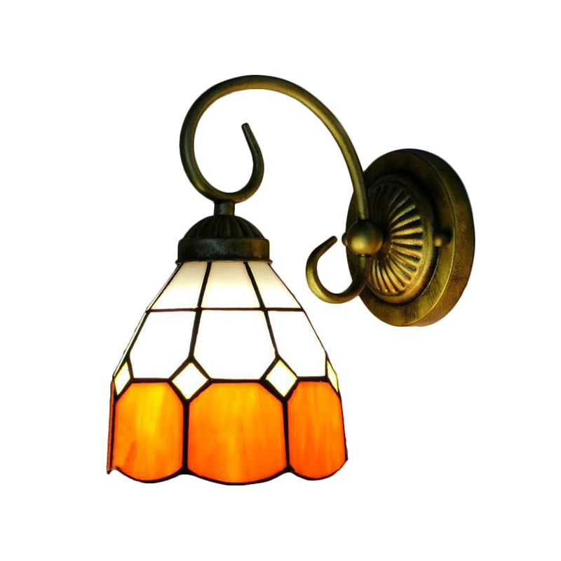 1 Head Bowl Wall Light Fixture Tiffany Orange/Blue/Pink Glass Sconce Light with Curved Arm for Corridor Clearhalo 'Industrial' 'Middle century wall lights' 'Tiffany wall lights' 'Tiffany' 'Wall Lamps & Sconces' 'Wall Lights' Lighting' 184439