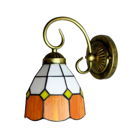 1 Head Bowl Wall Light Fixture Tiffany Orange/Blue/Pink Glass Sconce Light with Curved Arm for Corridor Clearhalo 'Industrial' 'Middle century wall lights' 'Tiffany wall lights' 'Tiffany' 'Wall Lamps & Sconces' 'Wall Lights' Lighting' 184440