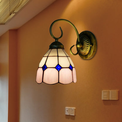 1 Head Bowl Wall Light Fixture Tiffany Orange/Blue/Pink Glass Sconce Light with Curved Arm for Corridor Pink Clearhalo 'Industrial' 'Middle century wall lights' 'Tiffany wall lights' 'Tiffany' 'Wall Lamps & Sconces' 'Wall Lights' Lighting' 184441