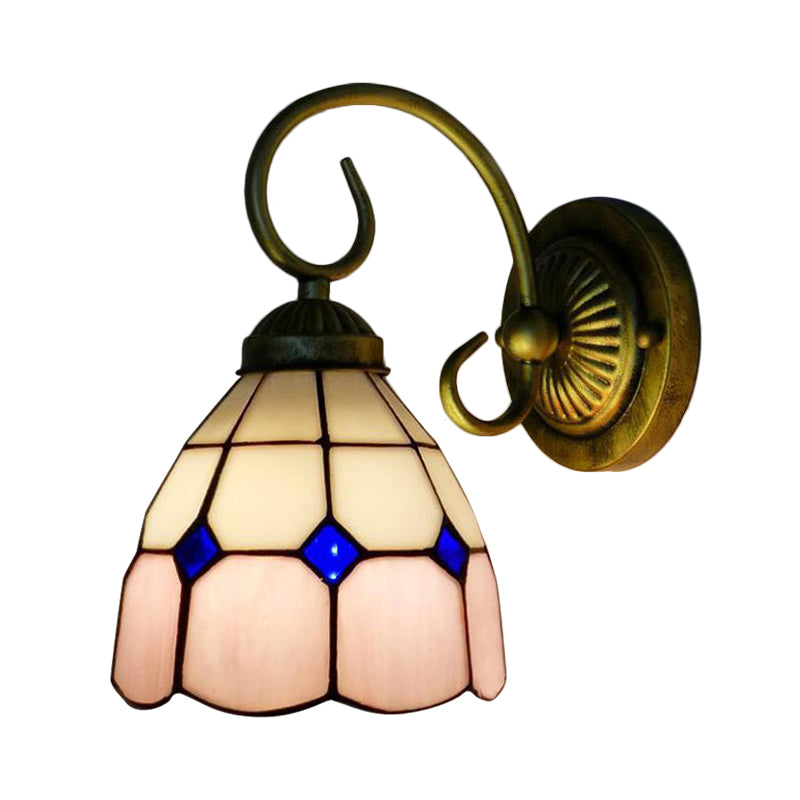 1 Head Bowl Wall Light Fixture Tiffany Orange/Blue/Pink Glass Sconce Light with Curved Arm for Corridor Clearhalo 'Industrial' 'Middle century wall lights' 'Tiffany wall lights' 'Tiffany' 'Wall Lamps & Sconces' 'Wall Lights' Lighting' 184442