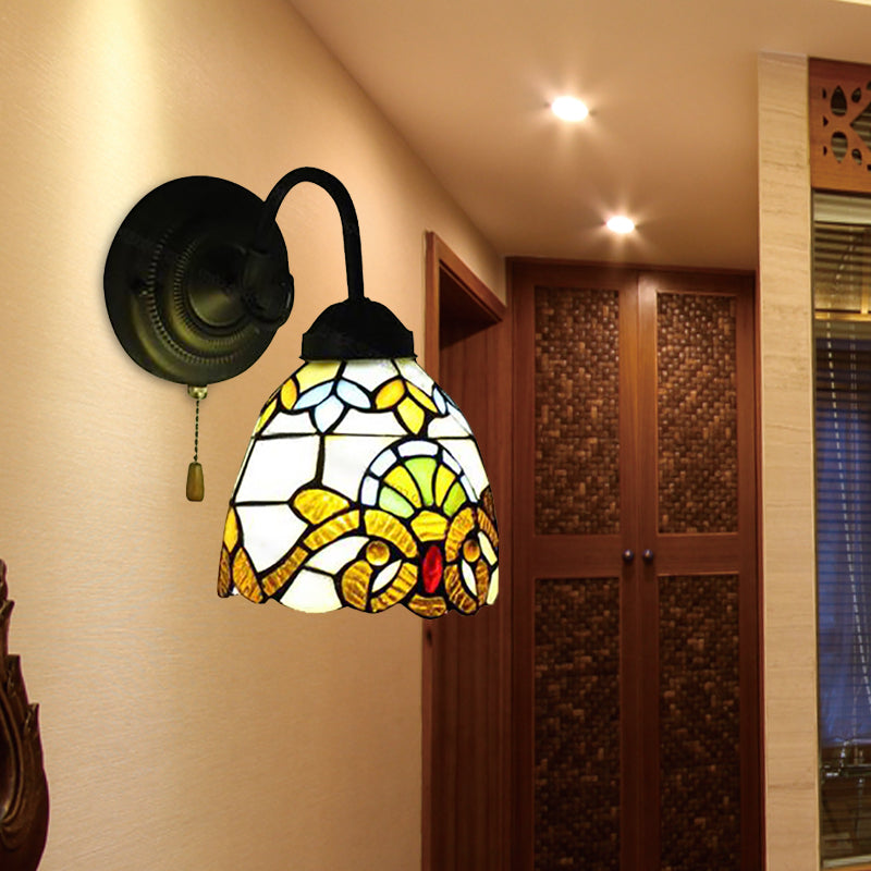 Yellow Dome Wall Sconce Victorian Stained Glass 1 Head Wall Fixture Light with Pull chain for Hallway Yellow Clearhalo 'Industrial' 'Middle century wall lights' 'Tiffany wall lights' 'Tiffany' 'Wall Lamps & Sconces' 'Wall Lights' Lighting' 184449
