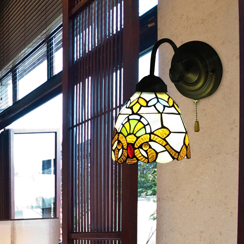 Yellow Dome Wall Sconce Victorian Stained Glass 1 Head Wall Fixture Light with Pull chain for Hallway Clearhalo 'Industrial' 'Middle century wall lights' 'Tiffany wall lights' 'Tiffany' 'Wall Lamps & Sconces' 'Wall Lights' Lighting' 184450