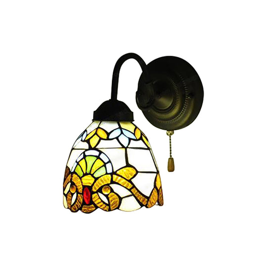 Yellow Dome Wall Sconce Victorian Stained Glass 1 Head Wall Fixture Light with Pull chain for Hallway Clearhalo 'Industrial' 'Middle century wall lights' 'Tiffany wall lights' 'Tiffany' 'Wall Lamps & Sconces' 'Wall Lights' Lighting' 184451