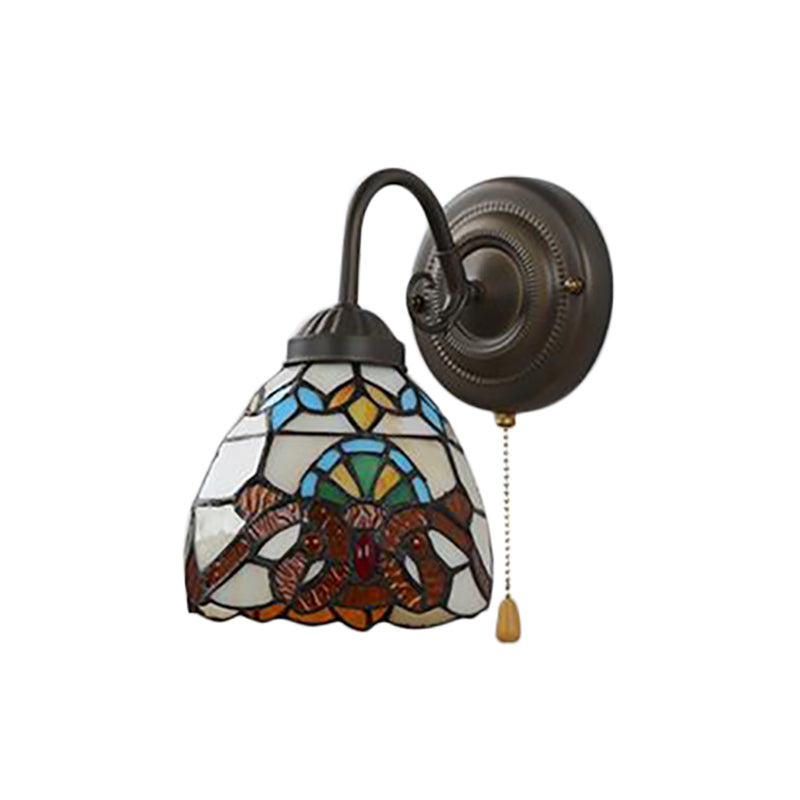 Yellow Dome Wall Sconce Victorian Stained Glass 1 Head Wall Fixture Light with Pull chain for Hallway Clearhalo 'Industrial' 'Middle century wall lights' 'Tiffany wall lights' 'Tiffany' 'Wall Lamps & Sconces' 'Wall Lights' Lighting' 184452