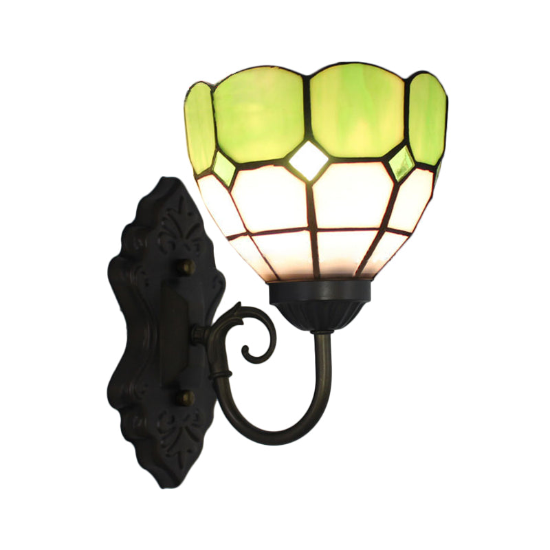 Grid Patterned Sconce Light Fixture Tiffany Green/Blue Glass 1 Head Black Wall Mounted Lamp Clearhalo 'Industrial' 'Middle century wall lights' 'Tiffany wall lights' 'Tiffany' 'Wall Lamps & Sconces' 'Wall Lights' Lighting' 184466