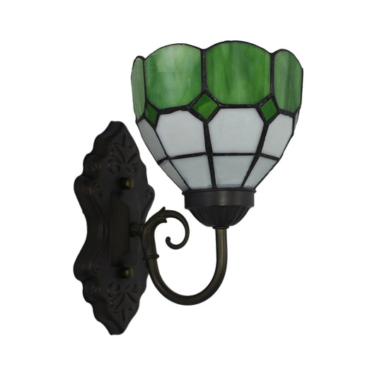 Grid Patterned Sconce Light Fixture Tiffany Green/Blue Glass 1 Head Black Wall Mounted Lamp Clearhalo 'Industrial' 'Middle century wall lights' 'Tiffany wall lights' 'Tiffany' 'Wall Lamps & Sconces' 'Wall Lights' Lighting' 184467