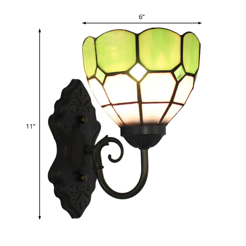 Grid Patterned Sconce Light Fixture Tiffany Green/Blue Glass 1 Head Black Wall Mounted Lamp Clearhalo 'Industrial' 'Middle century wall lights' 'Tiffany wall lights' 'Tiffany' 'Wall Lamps & Sconces' 'Wall Lights' Lighting' 184468