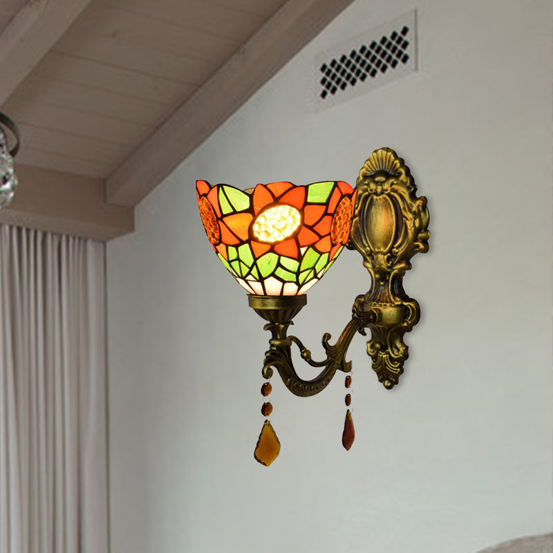 Orange Sunflower Wall Lighting Country 1 Head Wall Fixture Light with Bowl Glass Shade for Hallway Clearhalo 'Industrial' 'Middle century wall lights' 'Tiffany wall lights' 'Tiffany' 'Wall Lamps & Sconces' 'Wall Lights' Lighting' 184492