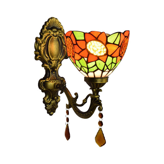 Orange Sunflower Wall Lighting Country 1 Head Wall Fixture Light with Bowl Glass Shade for Hallway Clearhalo 'Industrial' 'Middle century wall lights' 'Tiffany wall lights' 'Tiffany' 'Wall Lamps & Sconces' 'Wall Lights' Lighting' 184493