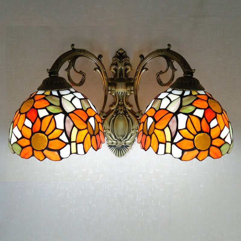 2 Lights Sunflower Wall Lighting Lodge Wall Sconce with Bowl Glass Shade in Orange/Yellow Orange Down Clearhalo 'Wall Lamps & Sconces' 'Wall Lights' Lighting' 184544