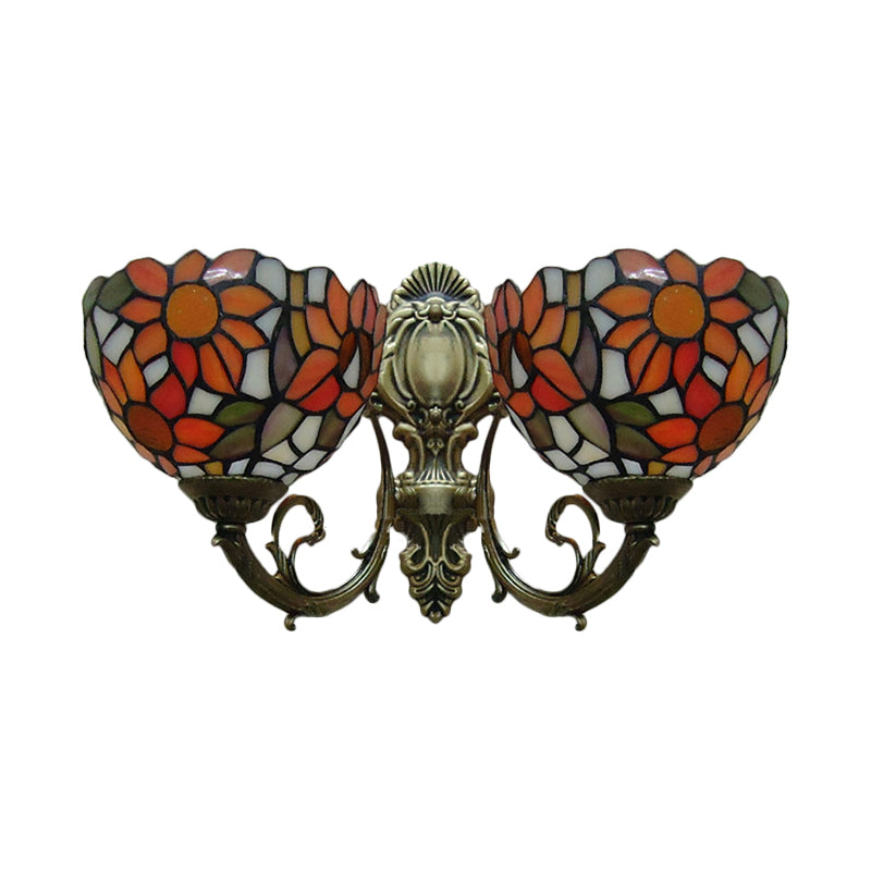 2 Lights Sunflower Wall Lighting Lodge Wall Sconce with Bowl Glass Shade in Orange/Yellow Clearhalo 'Wall Lamps & Sconces' 'Wall Lights' Lighting' 184550