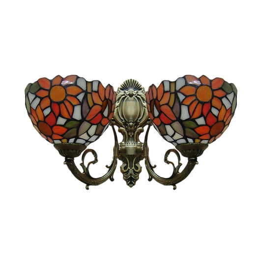 2 Lights Sunflower Wall Lighting Lodge Wall Sconce with Bowl Glass Shade in Orange/Yellow Clearhalo 'Wall Lamps & Sconces' 'Wall Lights' Lighting' 184550
