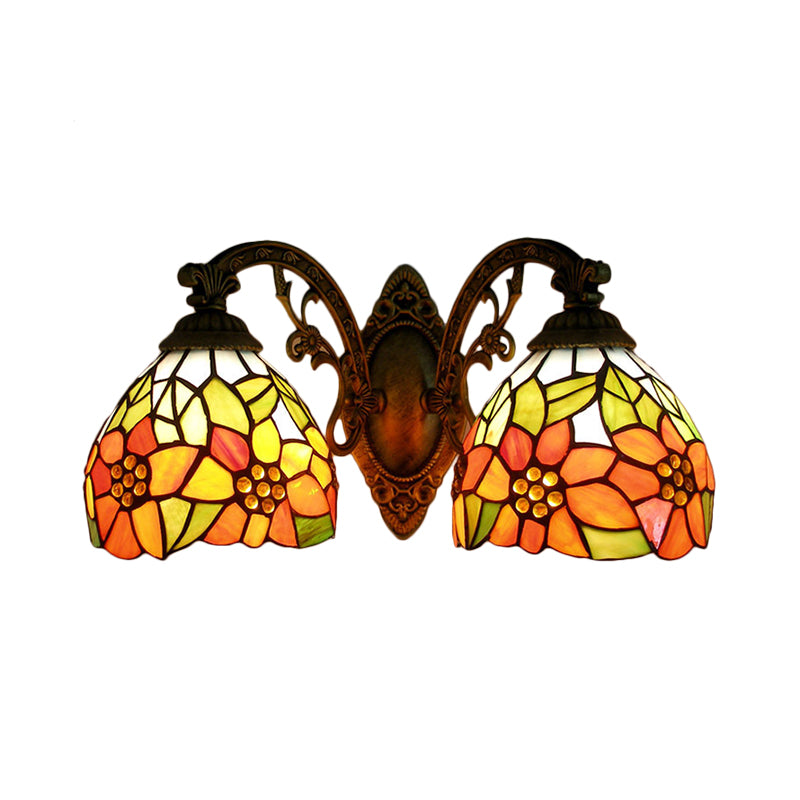 2 Lights Sunflower Wall Lighting Lodge Wall Sconce with Bowl Glass Shade in Orange/Yellow Clearhalo 'Wall Lamps & Sconces' 'Wall Lights' Lighting' 184554