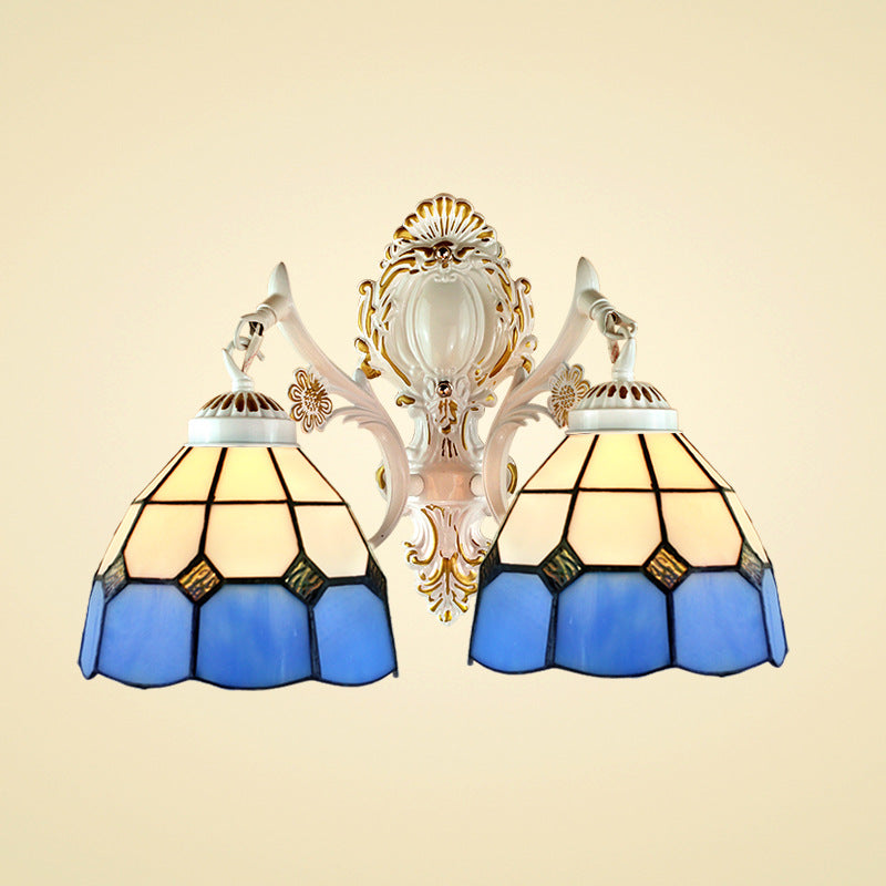 2 Lights Dome Shade Wall Lighting Lodge Stained Glass Wall Fixture Light in Blue for Corridor Clearhalo 'Industrial' 'Middle century wall lights' 'Tiffany wall lights' 'Tiffany' 'Wall Lamps & Sconces' 'Wall Lights' Lighting' 184562