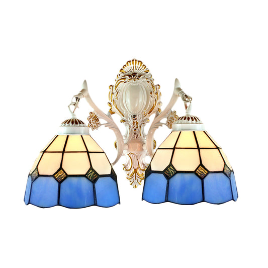 2 Lights Dome Shade Wall Lighting Lodge Stained Glass Wall Fixture Light in Blue for Corridor Clearhalo 'Industrial' 'Middle century wall lights' 'Tiffany wall lights' 'Tiffany' 'Wall Lamps & Sconces' 'Wall Lights' Lighting' 184563