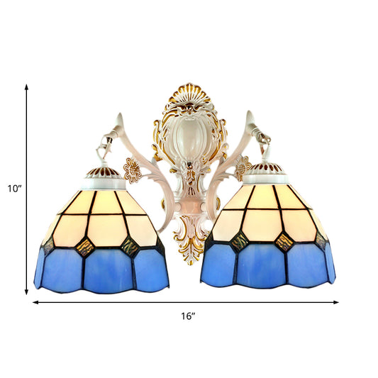2 Lights Dome Shade Wall Lighting Lodge Stained Glass Wall Fixture Light in Blue for Corridor Clearhalo 'Industrial' 'Middle century wall lights' 'Tiffany wall lights' 'Tiffany' 'Wall Lamps & Sconces' 'Wall Lights' Lighting' 184564