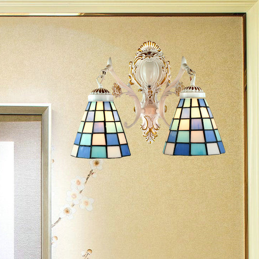 2 Lights Cone Wall Lighting Tiffany Style Stained Glass Wall Sconce with Grid Pattern in White Finish White Clearhalo 'Industrial' 'Middle century wall lights' 'Tiffany wall lights' 'Tiffany' 'Wall Lamps & Sconces' 'Wall Lights' Lighting' 184565