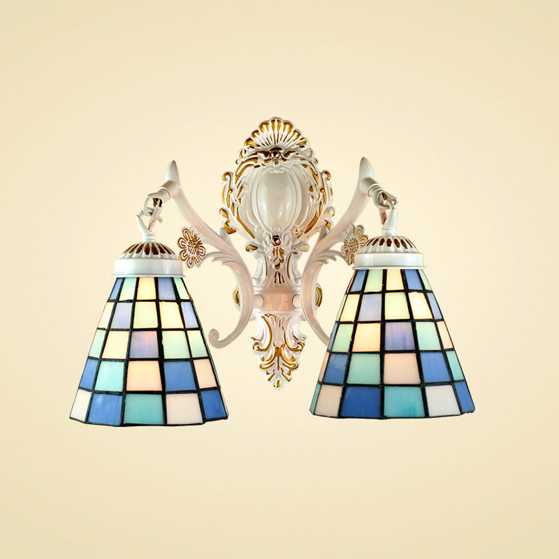 2 Lights Cone Wall Lighting Tiffany Style Stained Glass Wall Sconce with Grid Pattern in White Finish Clearhalo 'Industrial' 'Middle century wall lights' 'Tiffany wall lights' 'Tiffany' 'Wall Lamps & Sconces' 'Wall Lights' Lighting' 184566