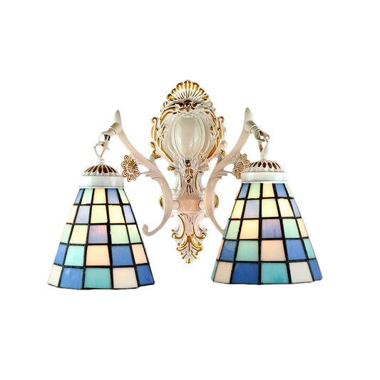 2 Lights Cone Wall Lighting Tiffany Style Stained Glass Wall Sconce with Grid Pattern in White Finish Clearhalo 'Industrial' 'Middle century wall lights' 'Tiffany wall lights' 'Tiffany' 'Wall Lamps & Sconces' 'Wall Lights' Lighting' 184567